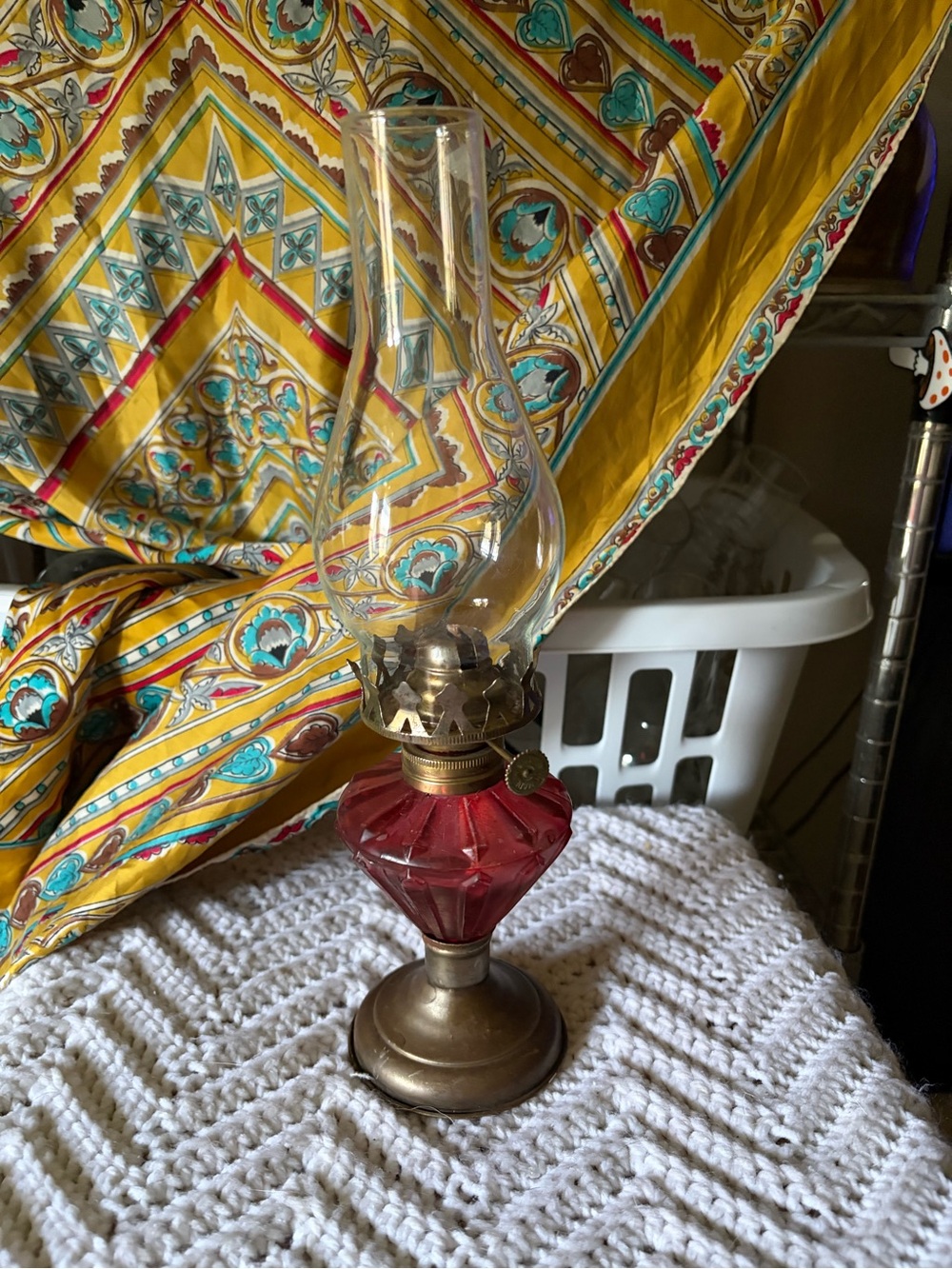 Vintage Red Glass Oil Lamp with Brass Base